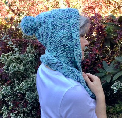 Hand Knitted Hooded Scarf, Hooded Cowl, Snood, Hooded Infinity Scarf, Women’s Winter Wear, Hooded Scarf With Removable Pom Pom - image5